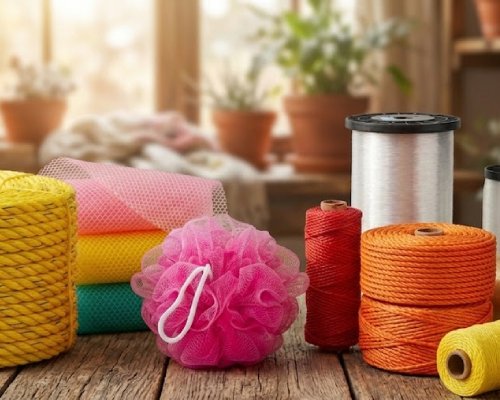 Krishna Plastic Bhavnagar product catalog featuring Scrub Pads, Steel Scourers, HDPE Ropes, and Agricultural Nets.