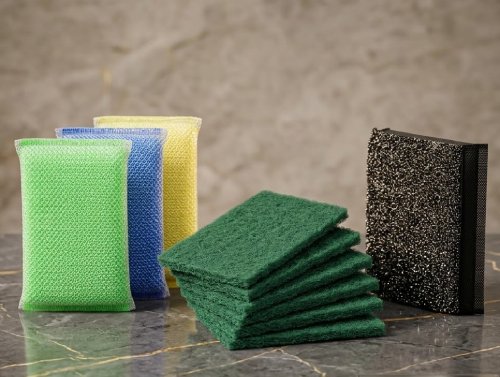 High-density foam scrub pad with abrasive mesh for efficient kitchen cleaning by Krishna Plastic.