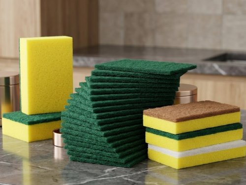 Abrasive green scouring pad for tough stain removal and kitchen cleaning by Krishna Plastic.