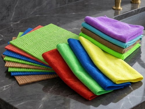 Super absorbent cellulose sponge wipes and lint-free microfiber cloths for multi-surface cleaning by Krishna Plastic.